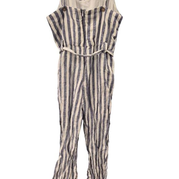 Rachel Zoe Women's White & Blue Linen Striped Romper with Pockets, Sash & Adjust - Picture 15 of 15